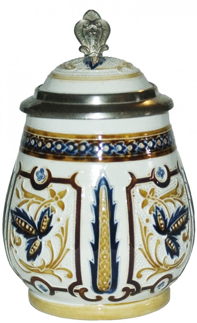 Mosaic Mettlach 3/10L Floral Stein w Inlay Lid (1 of 1)