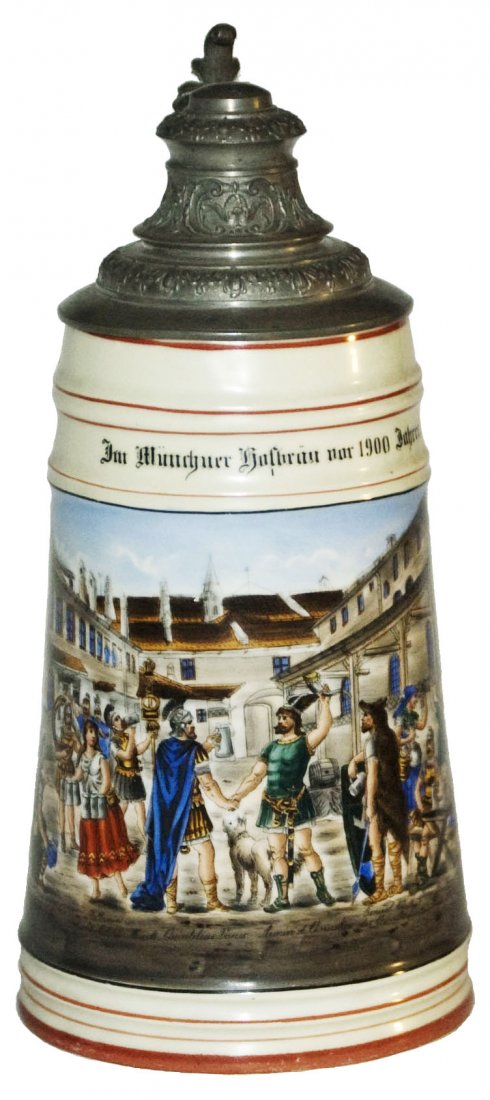 Early Munich Gathering w Gladiator Clothing Stein: Porcelain POG 1L. Early Munich gathering with gladiator type clothing. Litho. Mint.