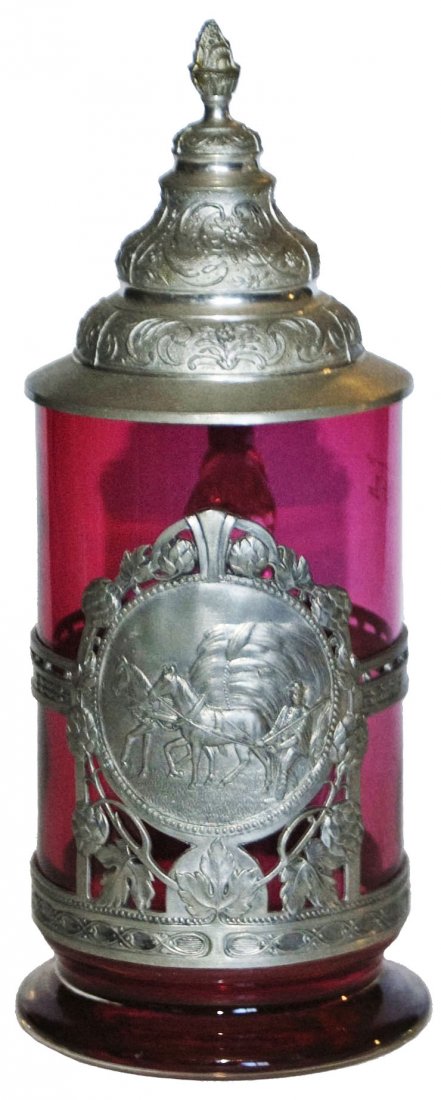 Pewter Overlay Farmer & Hay Wagon Cranberry Stein: Blown Cranberry Glass 1/2L. Pewter relief overlay of farmer and hay wagon. Mint.