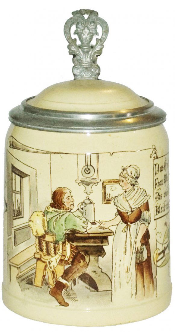 Cavalier & Barmaid Mettlach Stein w Inlay Lid (1 of 1)