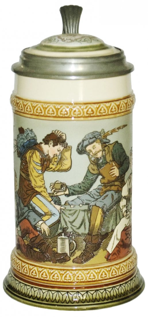 Cavaliers Shooting Dice Etched Mettlach Stein: Mettlach #2441 Etched 1/2L. Cavaliers shooting dice.