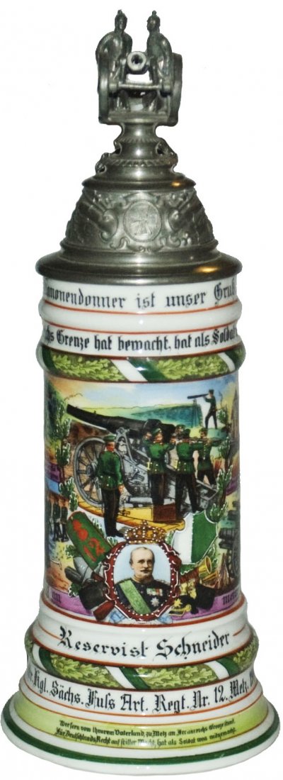 Sachs Fuss Art Nr 12 Metz Regimental Stein: Regimental Stein 1/2L Porcelain. "5. Battr. Kgl. Sachs. Fuss. Art. Regt. Nr. 12. Metz. 1908-10, Reservist Schneider." Four side scenes. Crew top cannon finial. Saxon thumblift.