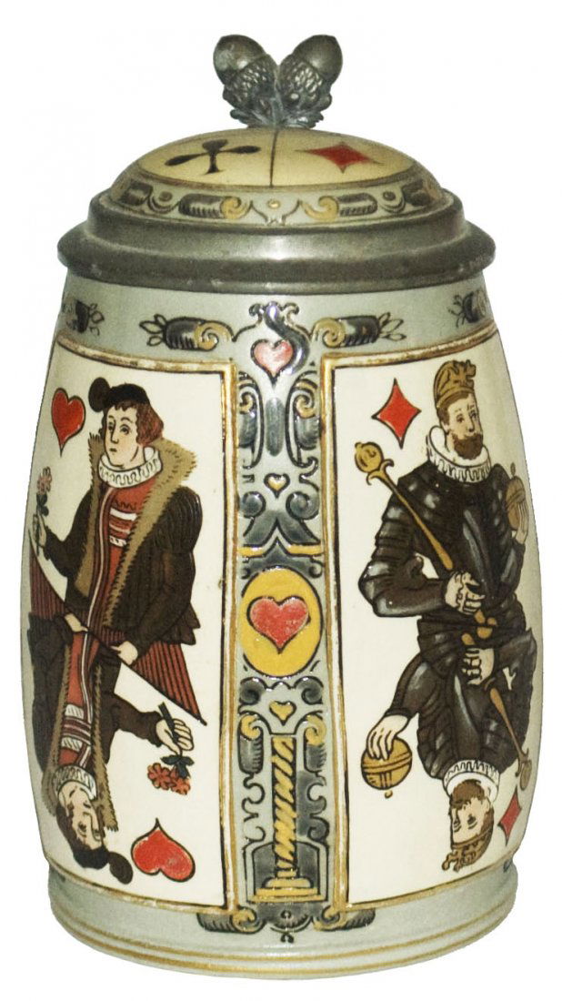 Playing Cards Etched Mettlach Stein w Inlay Lid (1 of 1)