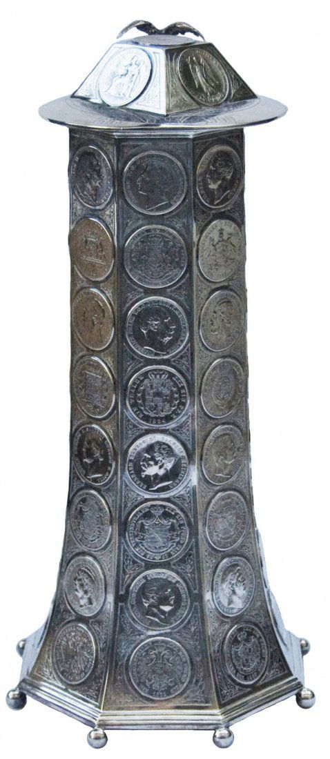 8 Sided Silver Stein w 65 Coins 5 Lbs 11 oz Marked