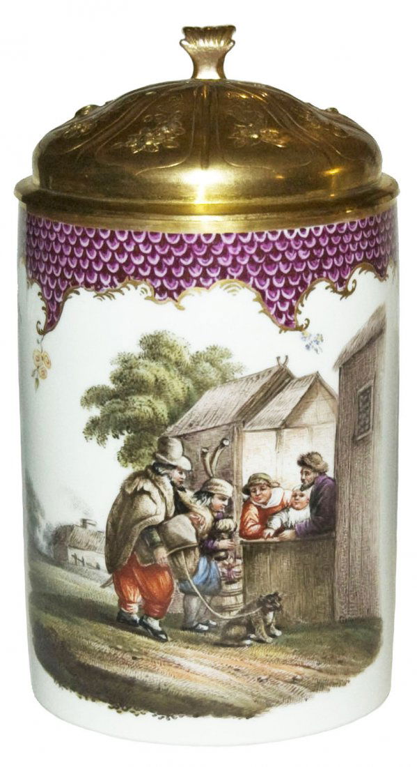 Hand Painted Meissen Porcelain Stein w Silver Lid
