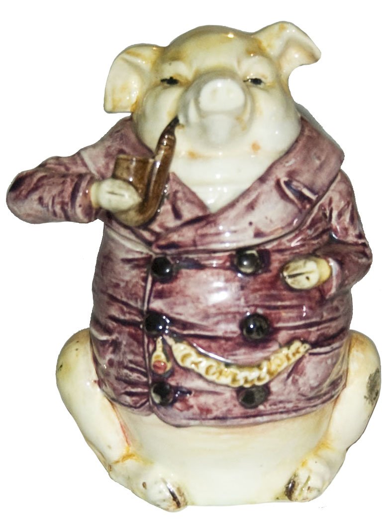 Austrian Majolica Pig Smoking a Pipe Tobacco Jar (1 of 1)