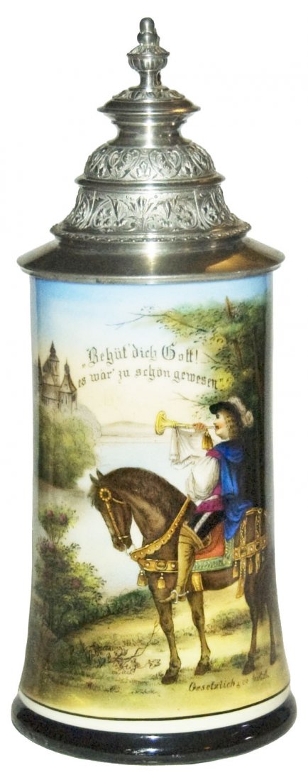 Trumpeter on Horseback Porcelain Stein: Porcelain POG 1/2L. Trumpeter on horseback. Litho.