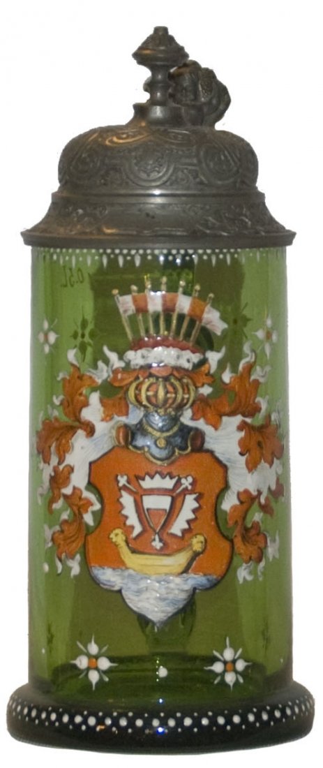 Enamel Heraldic Shield Glass Stein w Pewter Lid (1 of 1)
