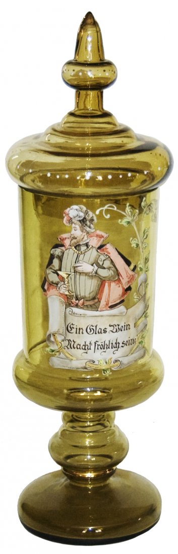 Enamel Drinking Cavalier Amber Glass 15" Pokal: Blown Amber Glass 15” Pokal. Enamel of drinking cavalier and verse. Mint.