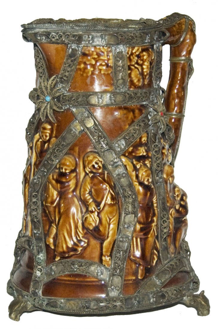 Hungarian Majolica 2L stein w Fancy Brass UNUSUAL (1 of 2)