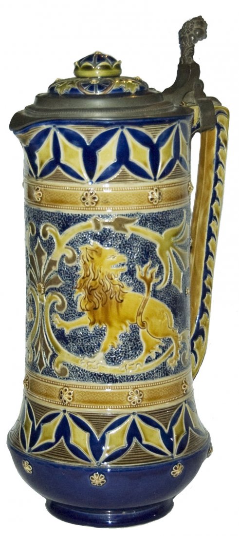 Lions & Floral Sarreguemines 2L Stein w Inlay: Pottery Sarreguemines Etched & Glazed 2L. Lions and floral. Matching inlay lid. Mint.