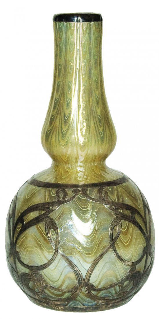 Loetz Irridescent Vase w Busy Silver Overlay (1 of 1)