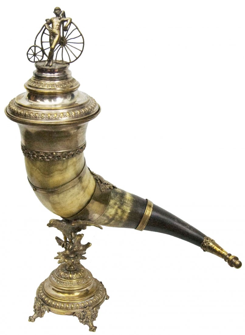 Drinking Horn w Brass High Wheel Bike Finial (1 of 1)