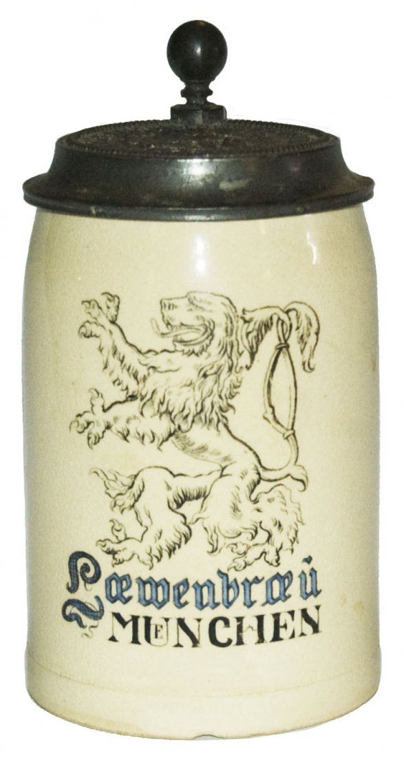 Lowenbrau Munchen Matching Pewter Lid: Pottery POG 1/2L. "Lowenbrau Munchen ". Matching pewter relief lid.