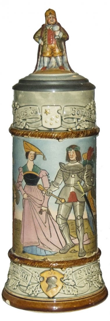 1L Knight & Maiden Stein w Perkeo Inlay Lid: Pottery JW Remy #11070 Etched 1L. Knight and maiden. Figural Perkeo inlay lid. Base chip.