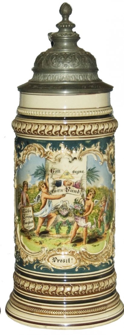 1L Masonic Symbol & Cherubs Fancy Lid & Thumblift: Pottery POG & Relief 1L. Cherubs around Masonic symbol. Fancy pewter relief lid with Munich Child thumblift. Mint.