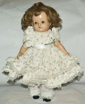 1932 Effanbee Patricia Composition 15" Doll: Effanbee Patricia Composition 15" Doll w Big Frilly Dress . Brown sleepy eyes with hair eyelashes. White underdress with lace and matching white pantaloons. Black shoes. Marked "Effanbee PATRICIA" on
