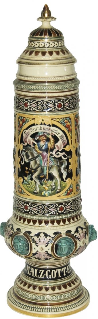 27" Pokal w Cavaliers Horses & Bulbous Base: Pottery #544 Relief 27” Pokal. Two scenes of Cavaliers on horseback, and one of cavalier drinking. High relief faces around bulbous base. Set on lid. Mint.