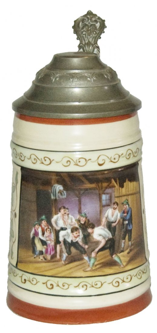 Tavern Group and Wrestlers Porcelain Stein w Litho: Porcelain POG 1/2L. Tavern group watch two men about to wrestle. Litho. Mint.
