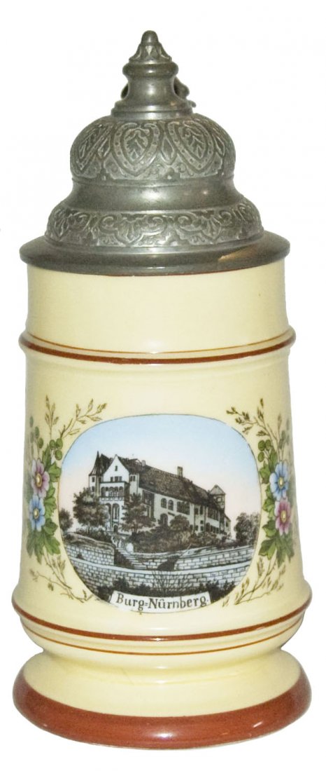Nurnberg Burg Porcelain Stein w Fancy Lid: Porcelain POG 1/2L. “Burg Nurnberg.” Litho. Fancy pewter lid. Mint.
