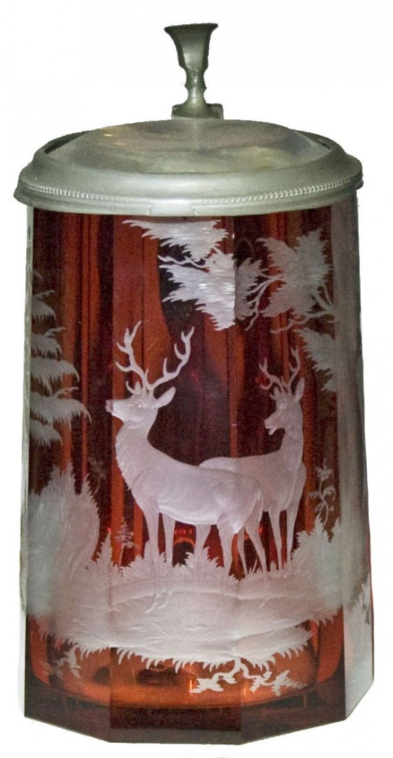 Ruby Stained Cut Stag Scene Glass Stein (1 of 1)