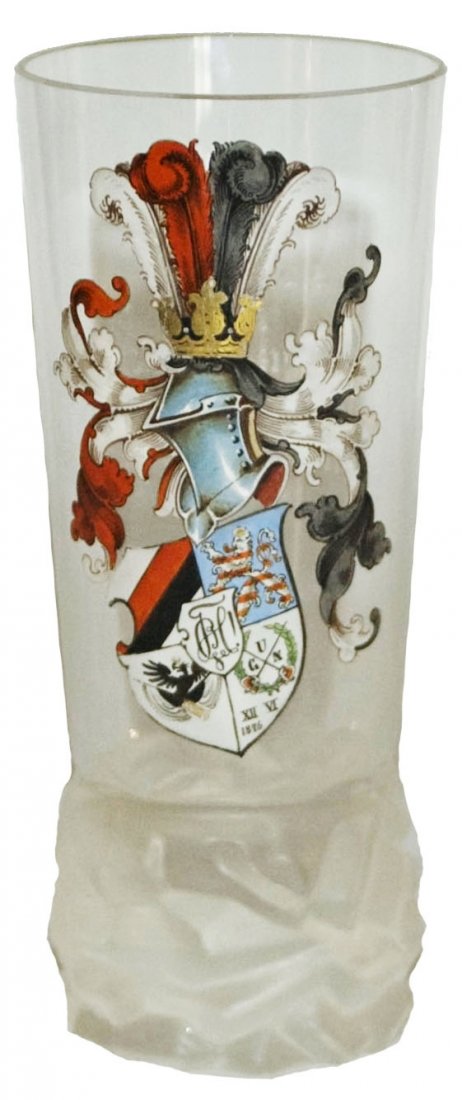Enamel Student Shield Glass Beaker w Inscription: Blown Glass 1/4L Beaker. Enameled student shield. Inscription on rear. Mint.