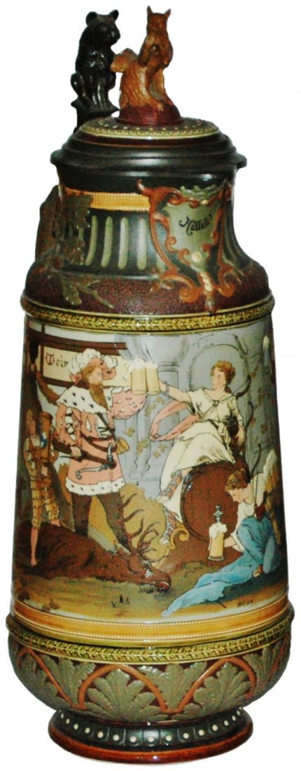 5L Hunter & Diana Mettlach wFigural Squirrel Inlay: Mettlach #2205 Etched 5L. Hunters and Diana. Figural squirrel inlay lid. Mint.