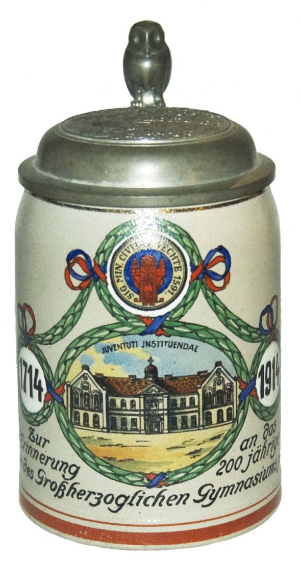 200 Anniversary of Gymnasium Stoneware Stein: Stoneware POG 1/2L. 200 anniversary of gymnasium 1714-1914. Relief pewter lid. Mint.