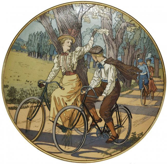 Couple Ride Bicycles in Daytime Mettlach Plaque (1 of 1)