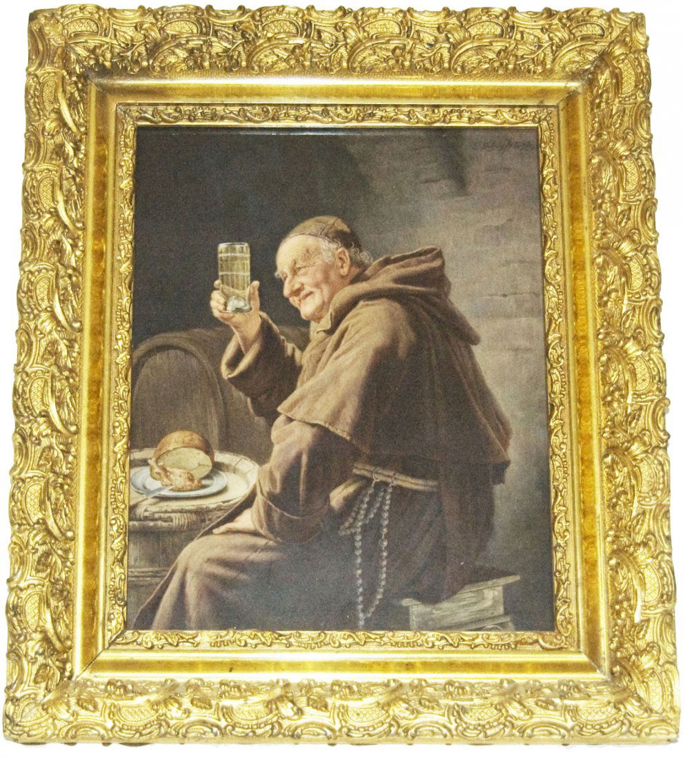 KPM Hand Painted Porcelain Monk w Meal Plaque: KPM Porcelain Hand Painted 10" by 12" and 14" by 17" in Frame. Monk with loaf of bread and glass of beer. Mint.