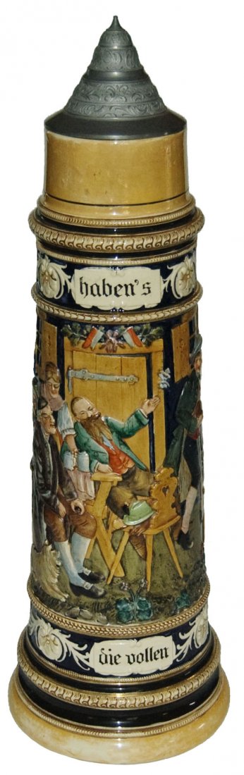 5L Tavern Scene JW Remy Relief Stein: Pottery JW Remy #849 Relief 5L. Tavern scene. Mint.