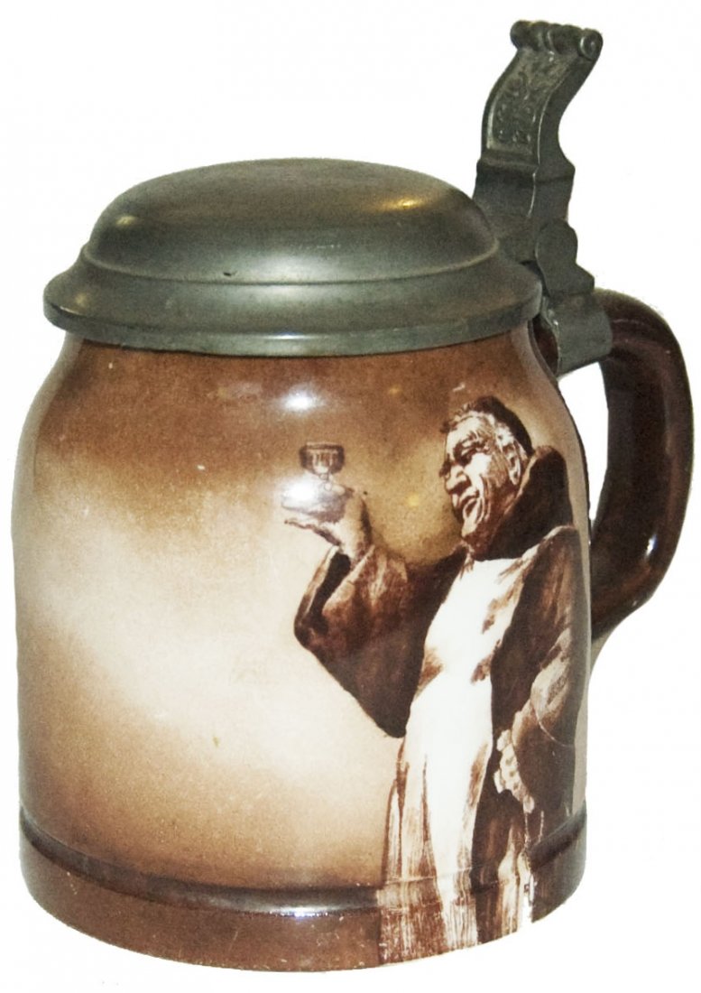 American Made Monk w Wine Goblet Stein: Pottery POG 1/2L. Monk holds goblet of wine. American made. Mint.