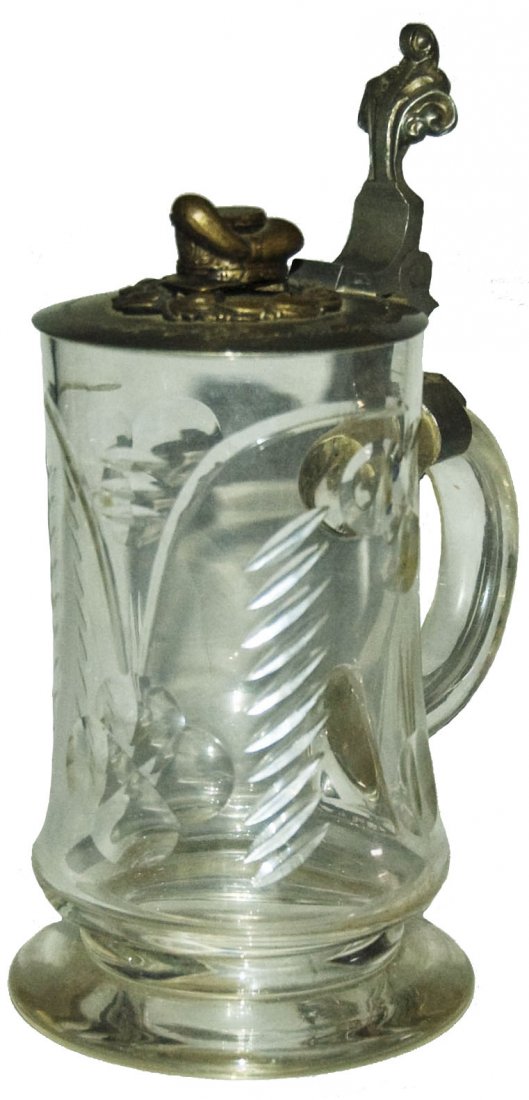 Brass Helmet Lid 1989 Circle Design Glass Stein: Blown Glass 1/2L. Brass elmet lid engraved 1898. Polished circle and line design. Mint.
