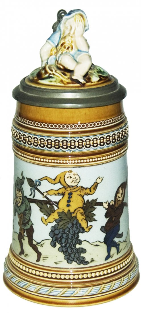 Uncommon Dwarf Lid Mettlach Stein w Dwarfs & Grape