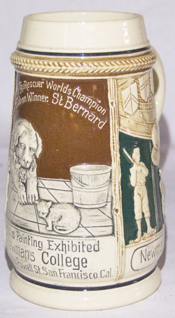 Newmans College Pub San Francisco Souvenir Stein: Pottery Relief 1/2L. “Newmans College, Cor. Eddy & Powell St., san Francisco, CA.” Stanford baseball and football players that frequented this college pub. Mint.