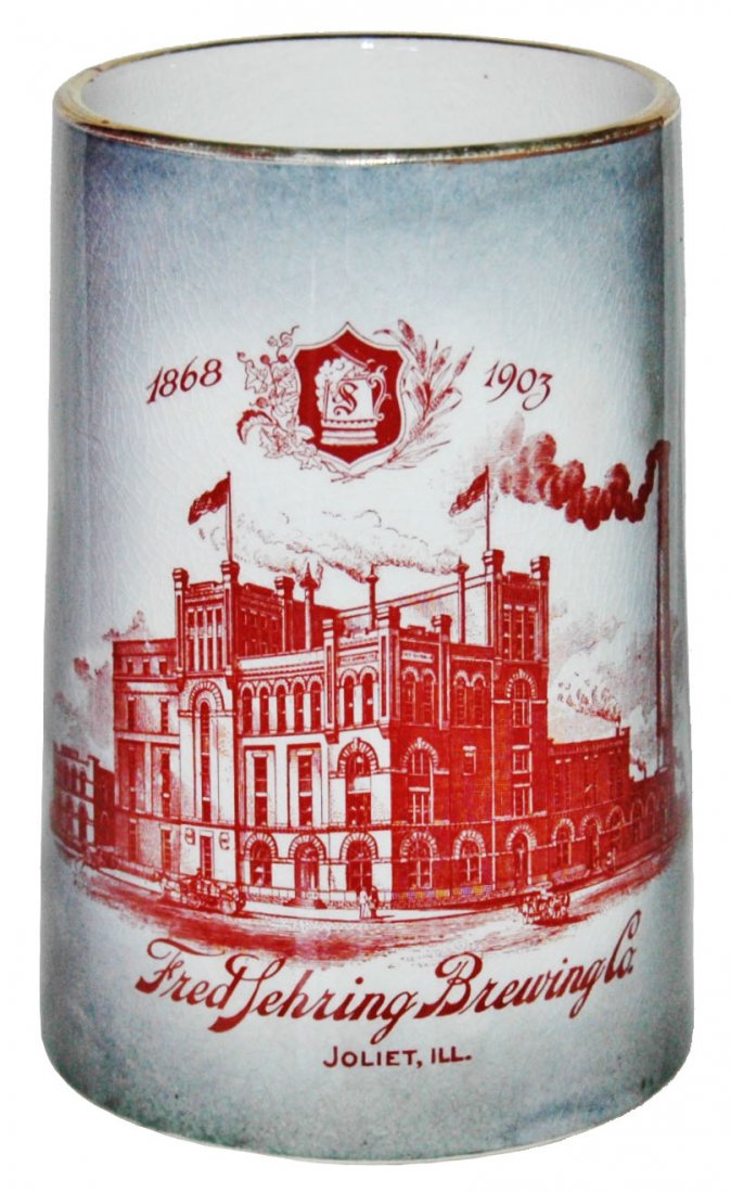 Advertisig Brewery Building Fred Lehring Joliet IL: Pottery Thuemler POG 1/2L. "Fred Lehring Brewing Co Joliet IL. 1868-1903". Brewery buildig scene. Mint.