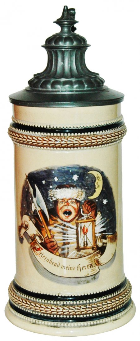 Night Watchman w Lantern Stein: Pottery POG 1/2L. Night watchman holds lantern at evening. Mint.