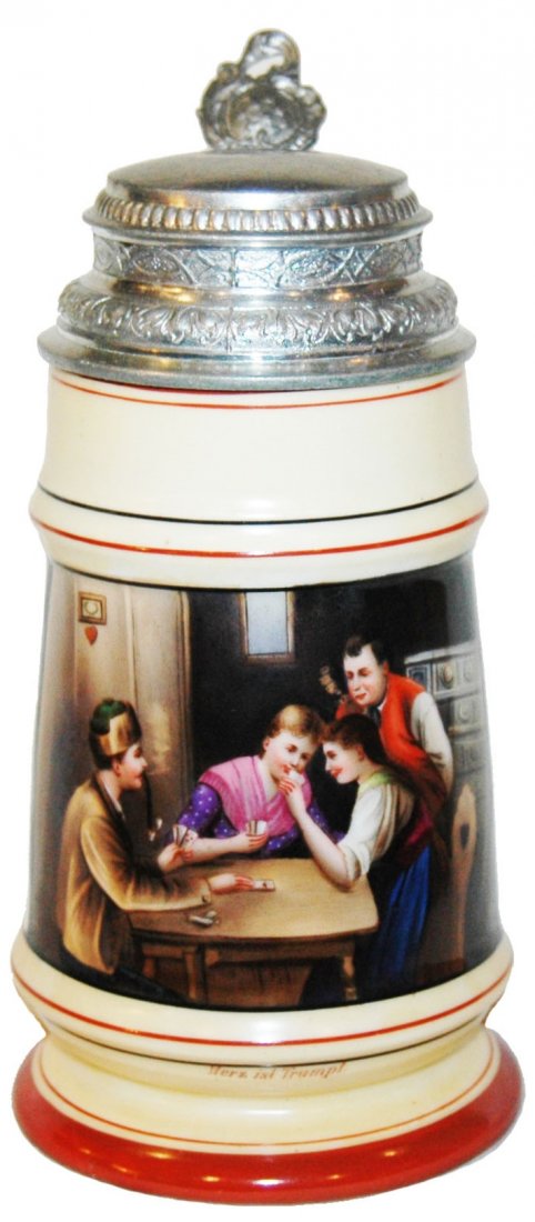 Card Players Table Scene Porcelain Stein w Litho (1 of 1)