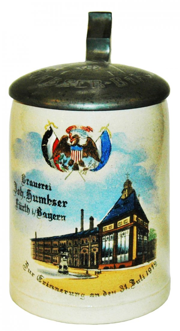 Bayern Brewery Stoneware Stein 1912: Stoneware POG 1/2L. “Brauerei Joh. Humbser Furth Bayern 31 Juli 1912.” Mint.