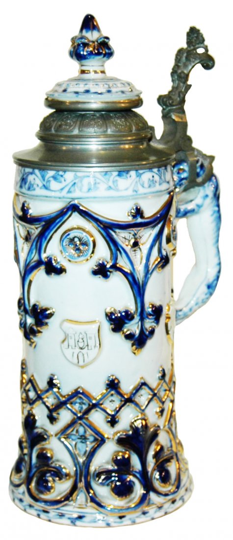 Shield & Floral Porcelain Stein w Matching Finial (1 of 1)