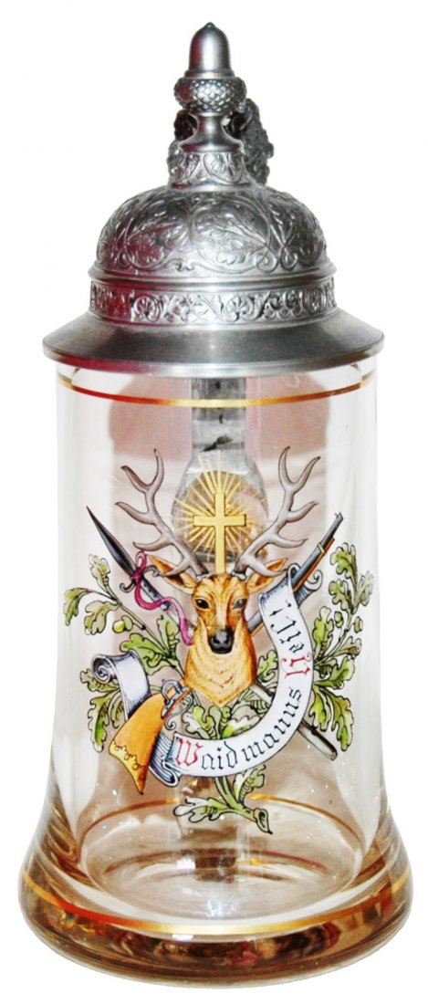 St Hubertus Stag Scene Glass Stein: Blown Glass 1/2L. St Hubertus stag scene. Mint.