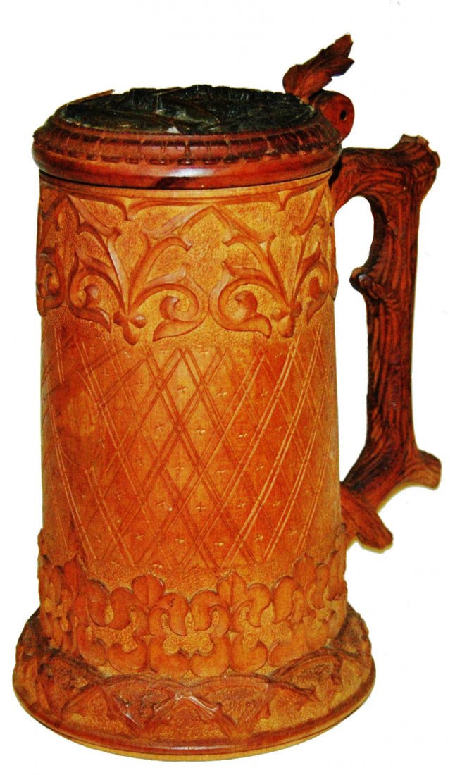1L Carved Floral Wood Stein w Knight Inlay Lid (1 of 2)