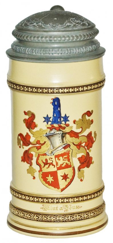 Heraldic Shield Mettlach Stein w Fancy Pewter Lid (1 of 1)