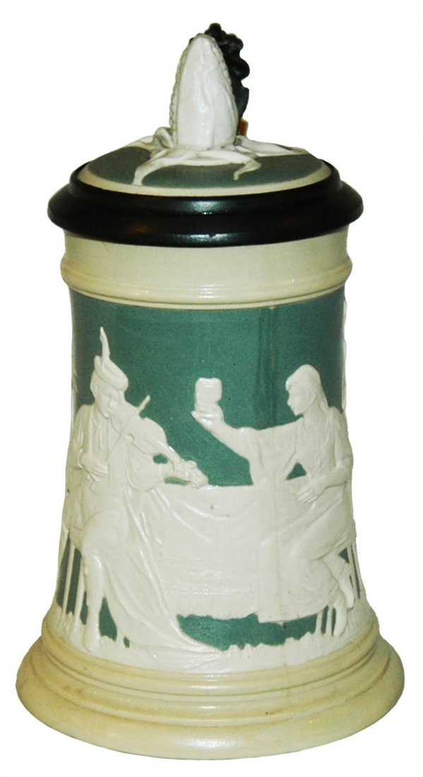Violin Scene Mettlach Stein 3D Corn Inlay Lid: Mettlach #2358 Relief 1/2L. Violin table scene. Figural corn inlay lid.