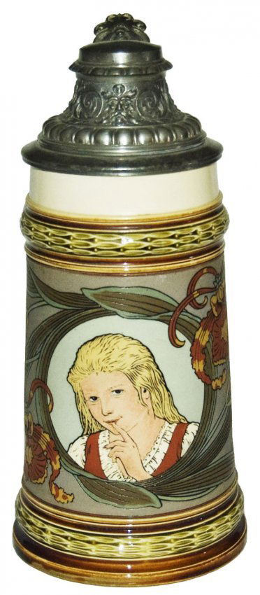 Pretty Young Girl & Floral Mettlach Etched Stein (1 of 1)