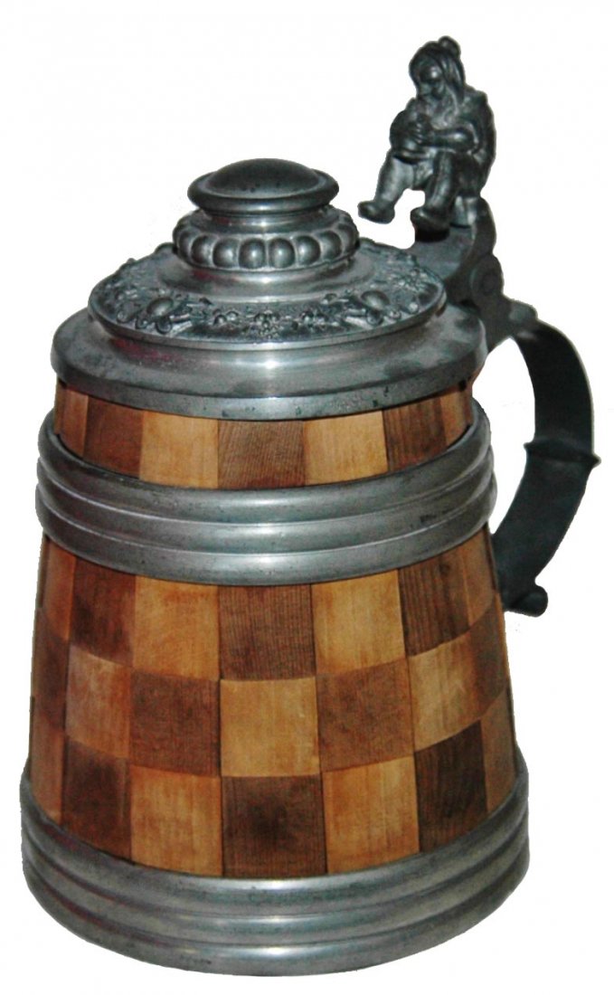 Inlay Checkerboard Wood Stein w Pewter Attachments (1 of 1)