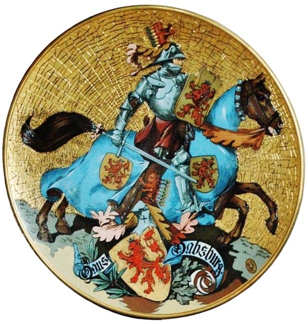 PAIR of Habsburg & Hohenzollern Knights Plaques: Pair of Mettlach #2187 & #2188 Etched 17” Plaques. Knights to the Habsburg and Hohenzollern. Mint.