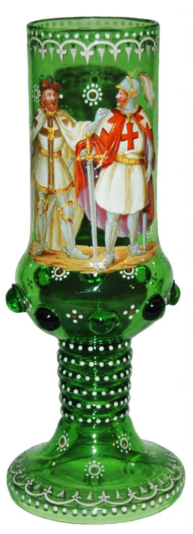 Egermann Glass Pokal w Enameled Knights: Blown Green Glass Pokal. Enameled knights. Egermann.