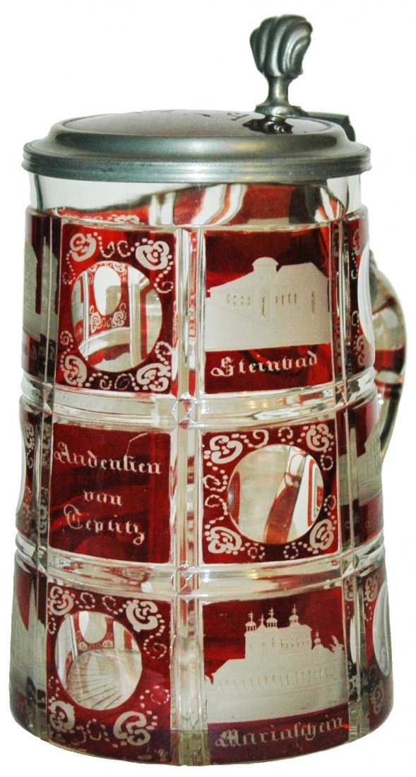 Wheel-Cut Spa Scene Glass c. 1860 Stein w Inlay (1 of 1)