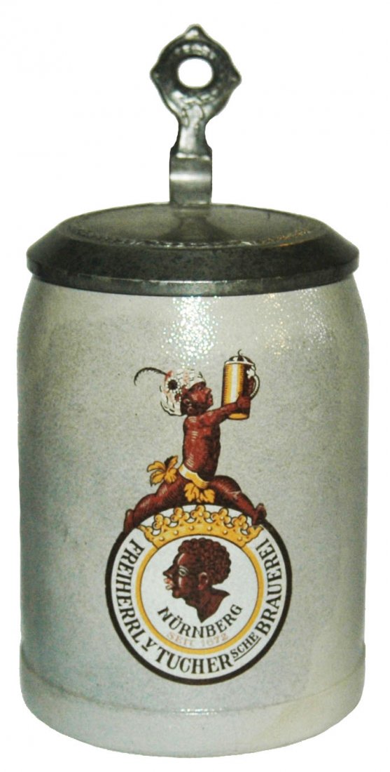 Black Boy Tucker Brau Brewery Stoneware Stein: Stoneware POG 1/2L. Tucker Brau, Nurnberg. Black boy brewery logo.